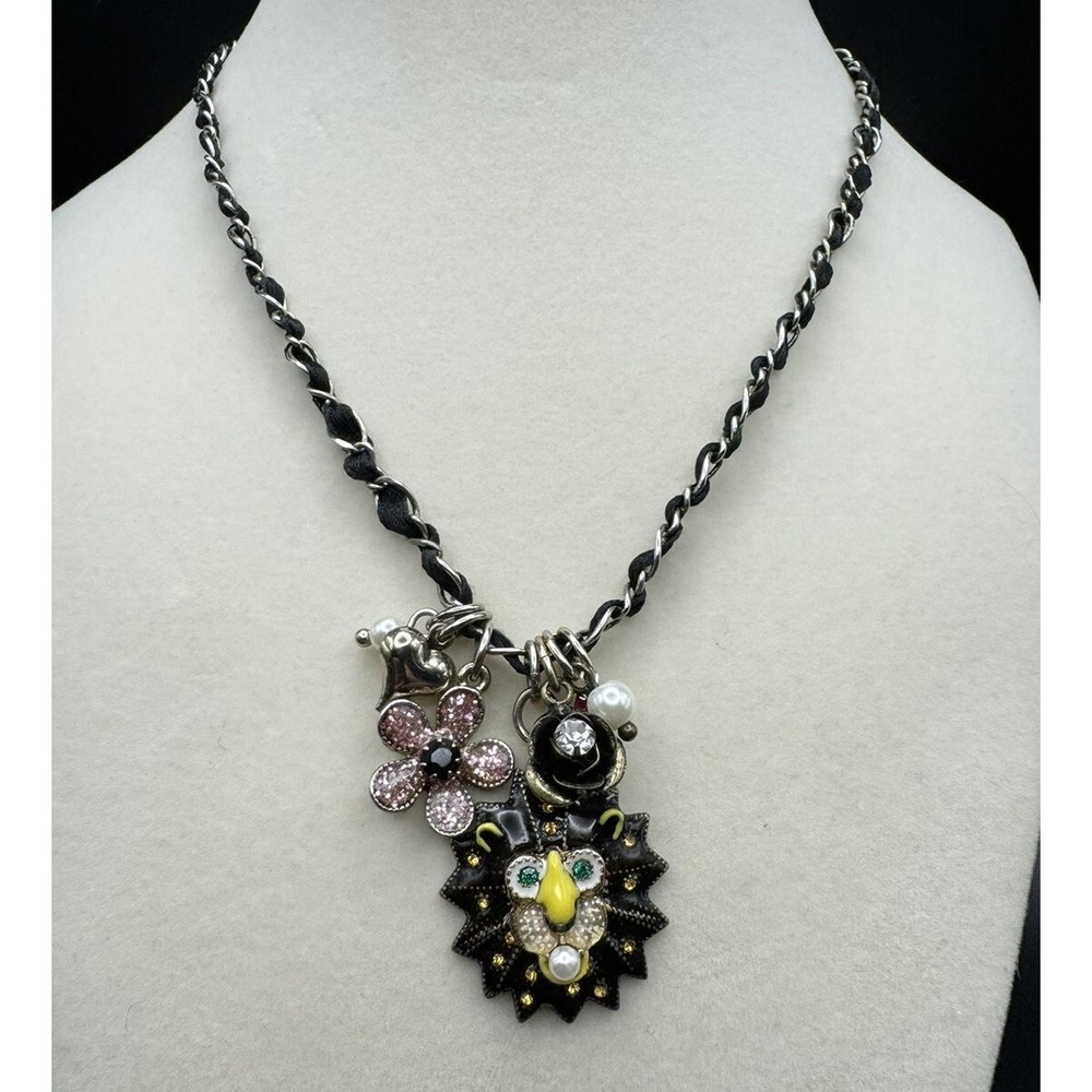 Betsey Johnson Lion Rhinestone Pearl Floral Silver Tone Woven Necklace 15-18